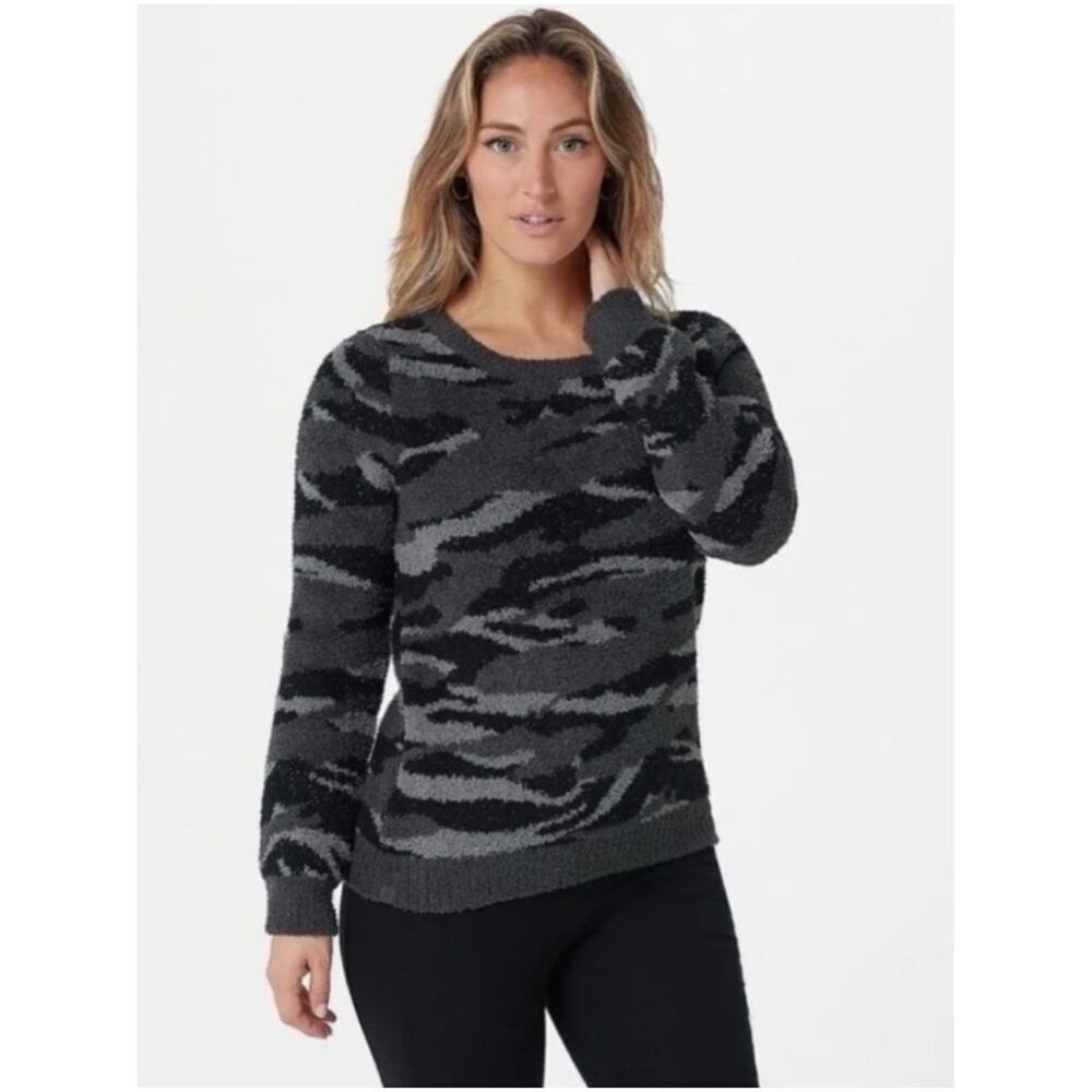 Barefoot Dream Cozychic gray camo M plush luxe pullover sweater